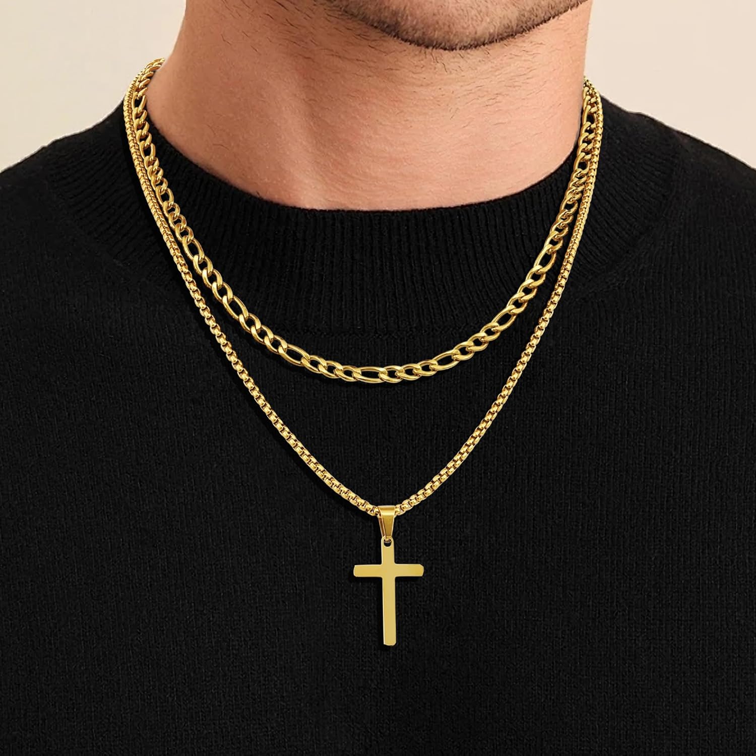 Fiusem 2 Pcs Cross Necklace Chain for Men and Women, Stainless Steel Layered Mens Cross Necklaces with Pendant, Figaro and Box Chain 16-24 Inch - Image 2