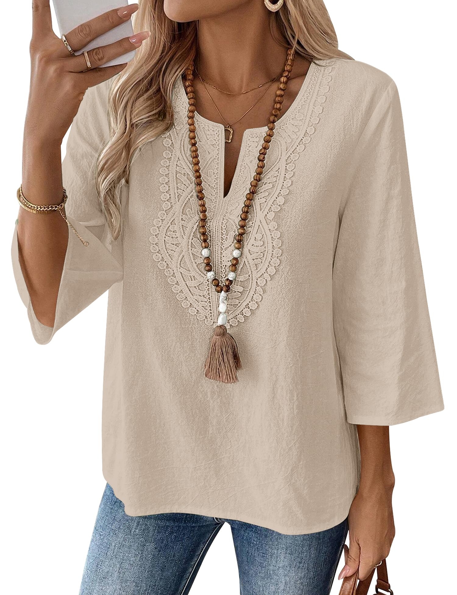 Rapbin Bluse Damen 3/4 Arm Elegant Oberteile V Ausschnitt Baumwolle Spitze Tops Shirt Casual Loose Fit Tunika