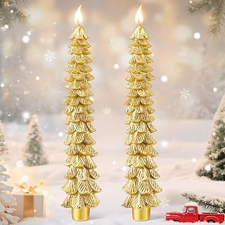 2 Pcs 10 Inch Christmas Tree Candles, Premium Natural Unscented Beeswax Christmas Tree Shaped Taper Candles with Cotton Wick, for Xmas Holiday Decor Party Banquet(Gold)