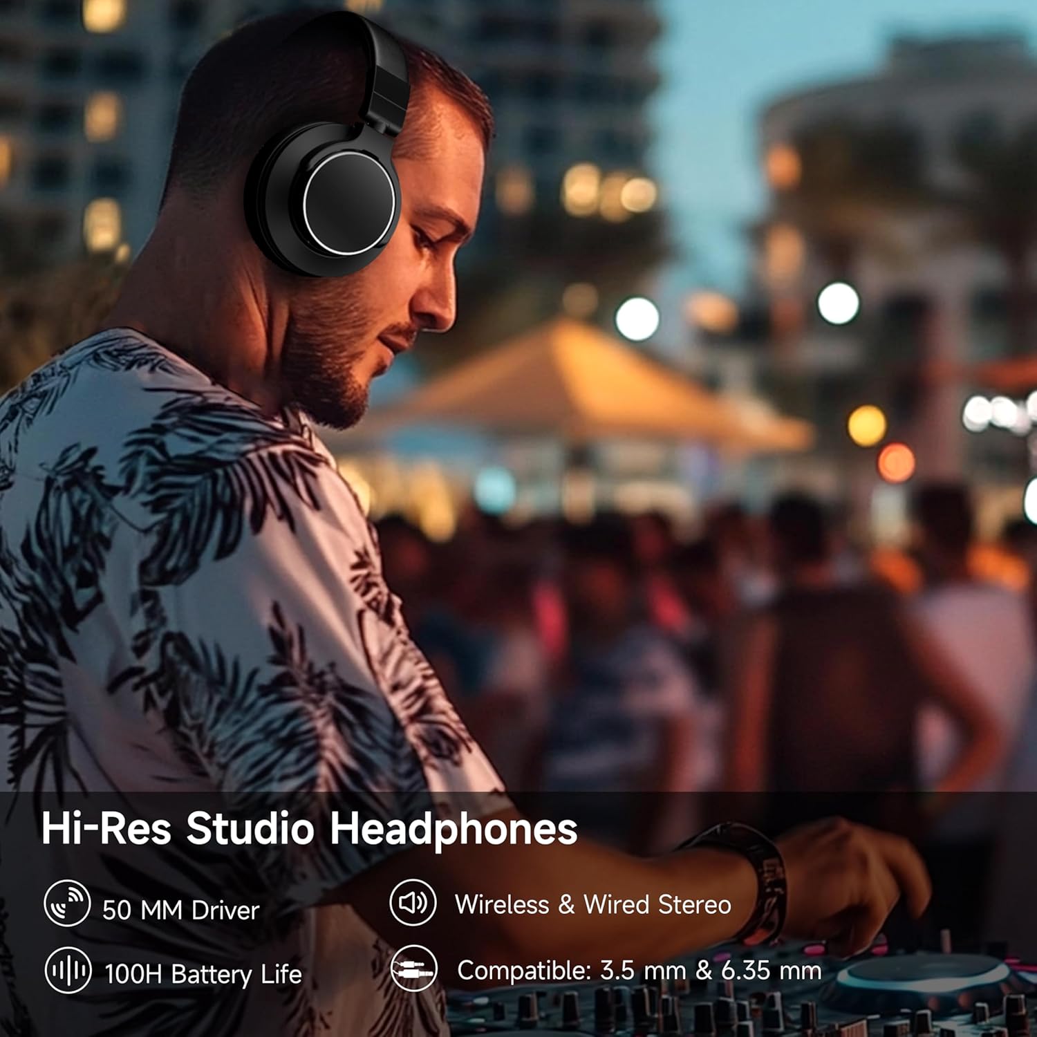 DJ using Rumoon headphones with features listed