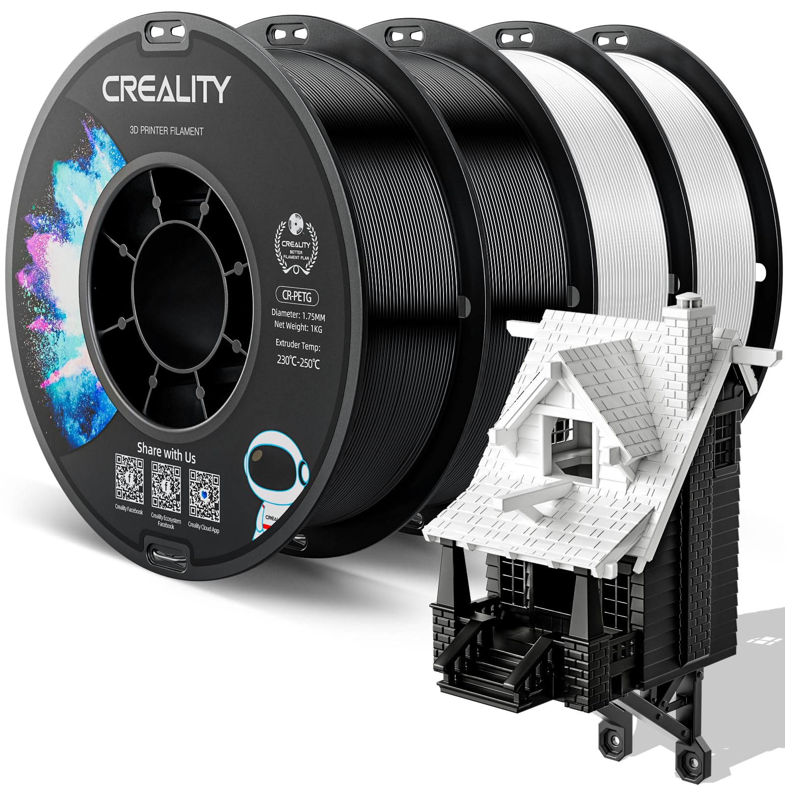 CREALITY PETG Filament 1.75mm 3D Printer Filament Bundle, 4kg (8.8lb) Neatly Wound Spool, Dimensional Accuracy ±0.03mm, 2026 Latest Batch, Fit for Most FDM 3D Printers, Black+Black+White+White