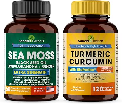 Sandhu Herbals Seamoss & Turmeric Curcumin with Bioperine Capsules | Supports Immune, Digestive, Cognitive, Skin & Hair Health
