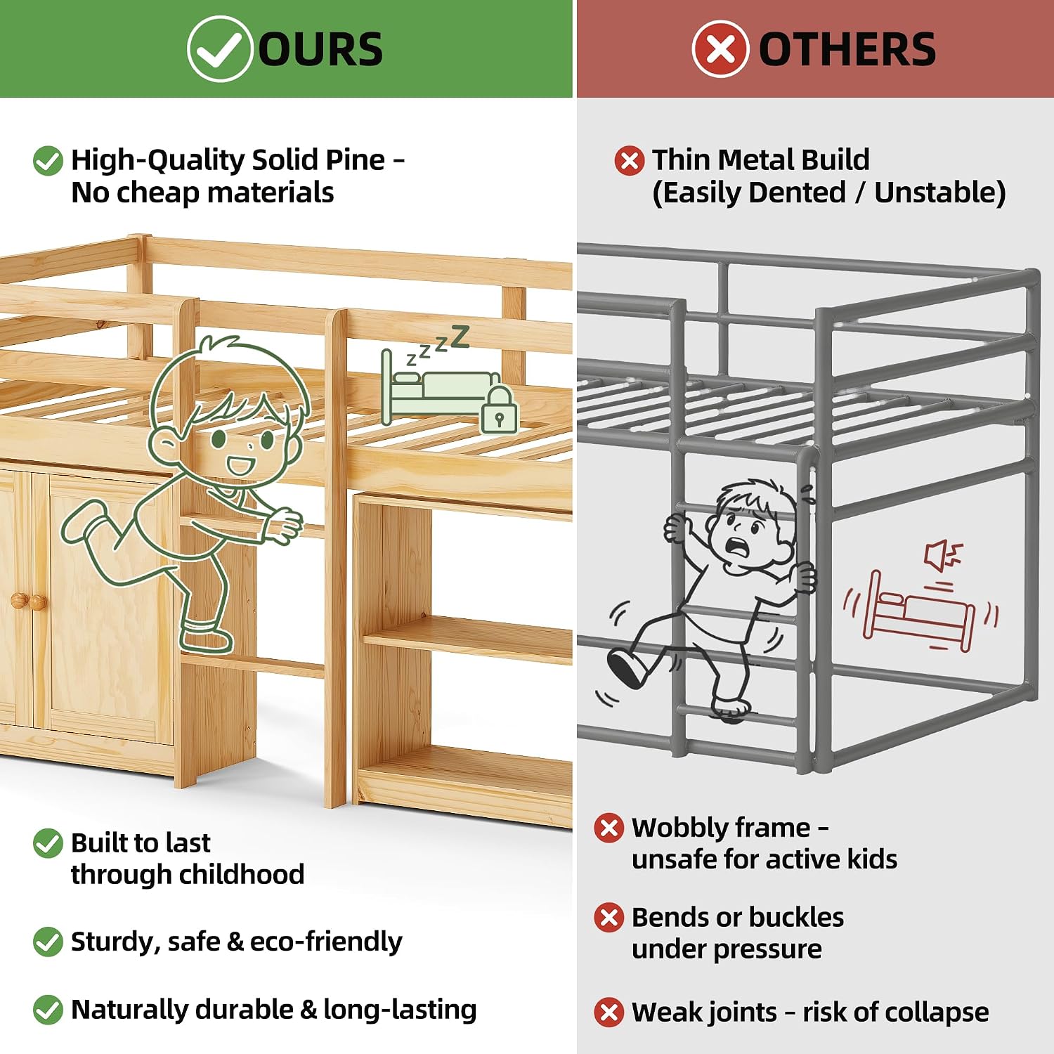 TOLEAD Wood Loft Bed for Kids, Low Loft Bed Twin Size with Storage Cabinet, Shelf and LED Lights, Wooden Kids Loft Bed with 14" H Safety Guardrail, Ladder and Under-Bed Play Space, Natural Wood