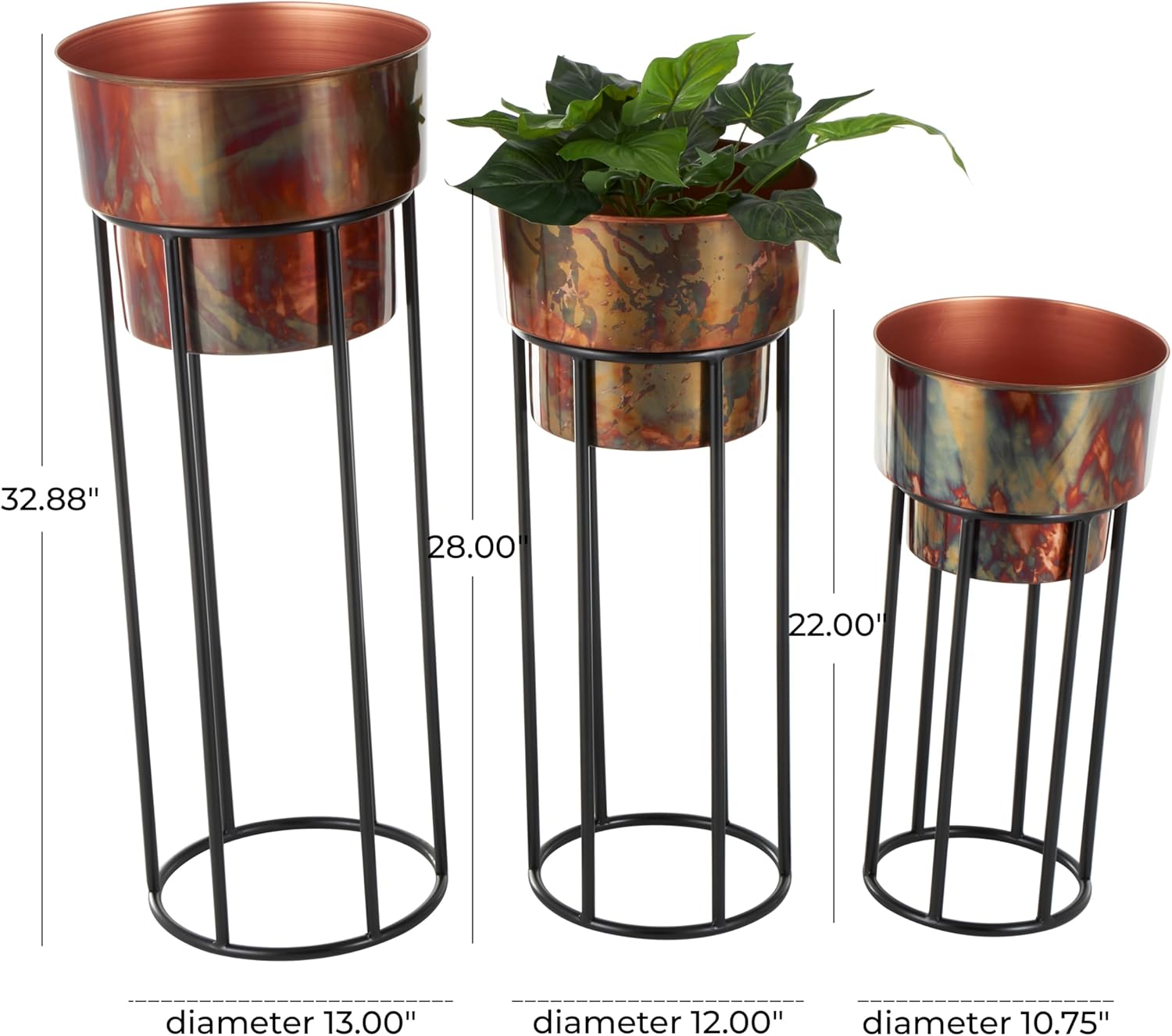 Deco 79 Metal Indoor Outdoor Planter Nesting Large Planter Pot with Tall Black Stands, Set of 3 Planters 33", 28", 22" H, Copper