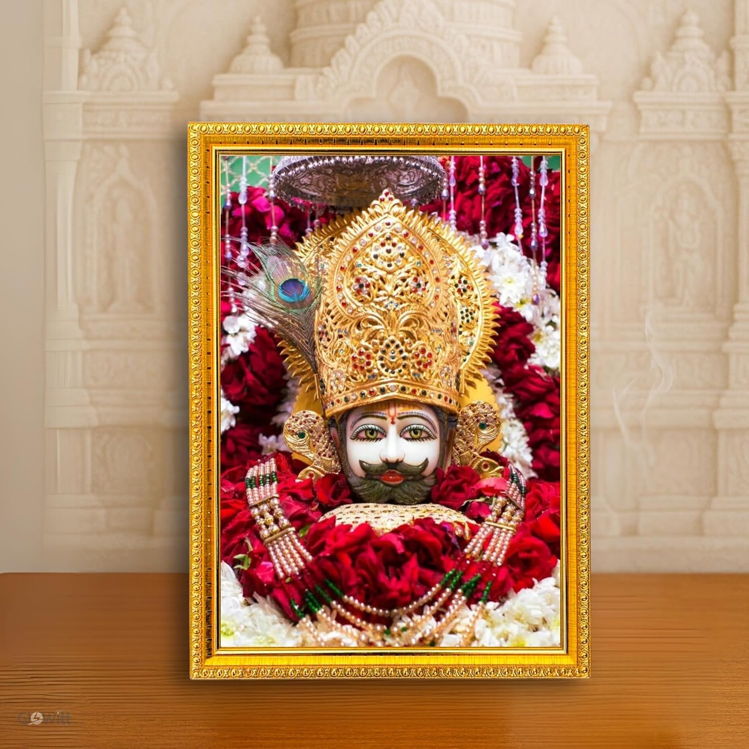 Glowitt Khatu Shyam Ji Golden Photo Frame for Home, Office & Temple | Divine Shyam Baba Wall Art for Pooja Room Decor | Spiritual Vastu Frame for Peace, Prosperity & Blessings (Design 6)