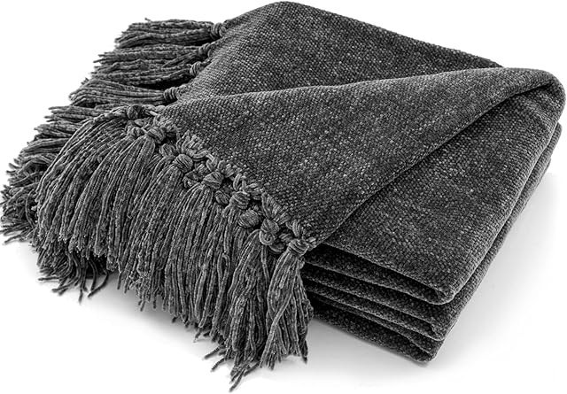 RECYCO Chenille Throw Blanket with Tassels Soft Cozy Sofa Chair Bed Gift, 152x127cm, Grey