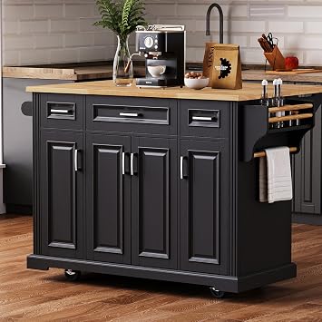 Kitchen Island with Storage and Drop Leaf, 54" Large Rolling Kitchen Island Cart on 4 Wheels, Portable Mobile Islands Wood Table with 4 Doors 3 Drawers for Kitchen, Dining Room, Black