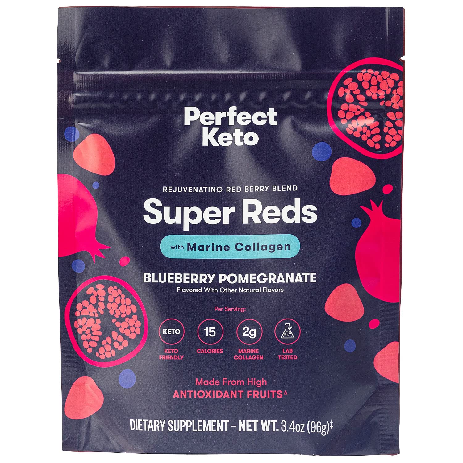 Perfect KetoSuper Reds Superfood Powder, Antioxidants Supplement with Fruit & Vegetable Powder, Polyphenols & Marine Collagen, Drink Mix for Skin & Energy Support, Blueberry Pomegranate, 20 Servings