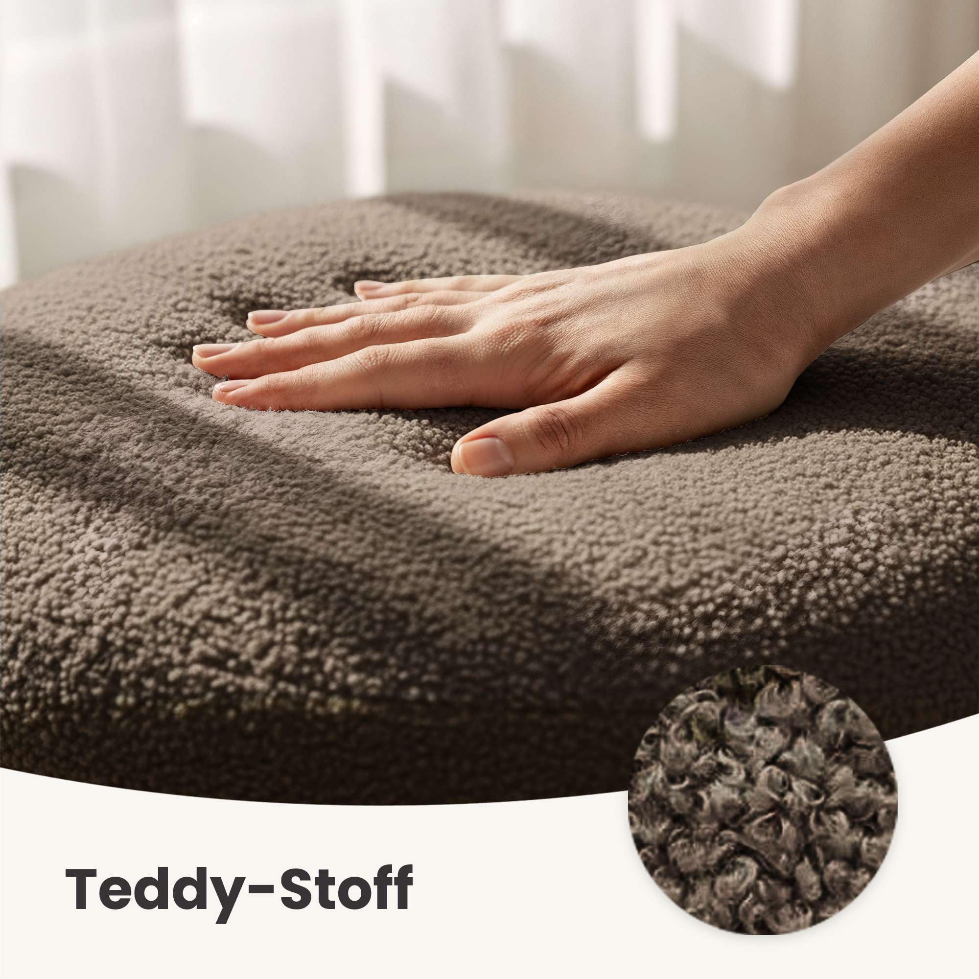 AKORD Teddy-Sitzhocker aus Samt mit Stauraum MOLLIS 55 cm, Fußstütze Rund, Polsterhocker für Schminktisch, Schlafzimmer, Wohnzimmer Möbel, Make-up-Hocker, Gepolstert, Braun