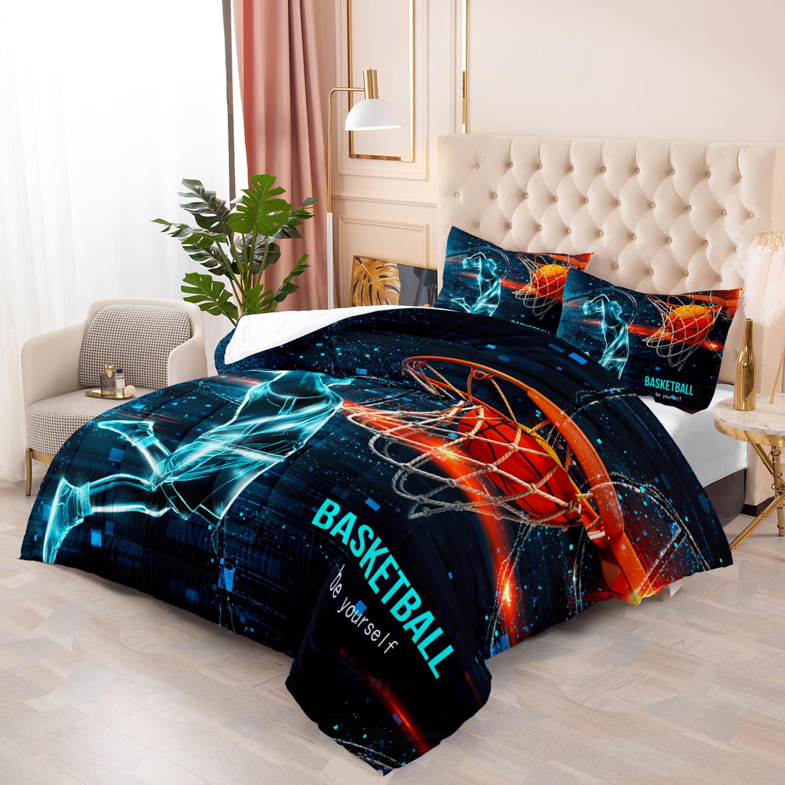 Ntlfup Sports Comforter Sets for Boys - Basketball Comforter Set Full Size with Blue and Black Bedding, All Season Teens Bedroom Down Duvet - 1 Comforter with 2 Pillowcases