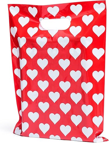 100 bolsas de 1.5 mil de grosor, 9 x 12 pulgadas, bolsas con asas extragruesas perfectas para mercancía y pequeñas empresas, con corazones blancos,