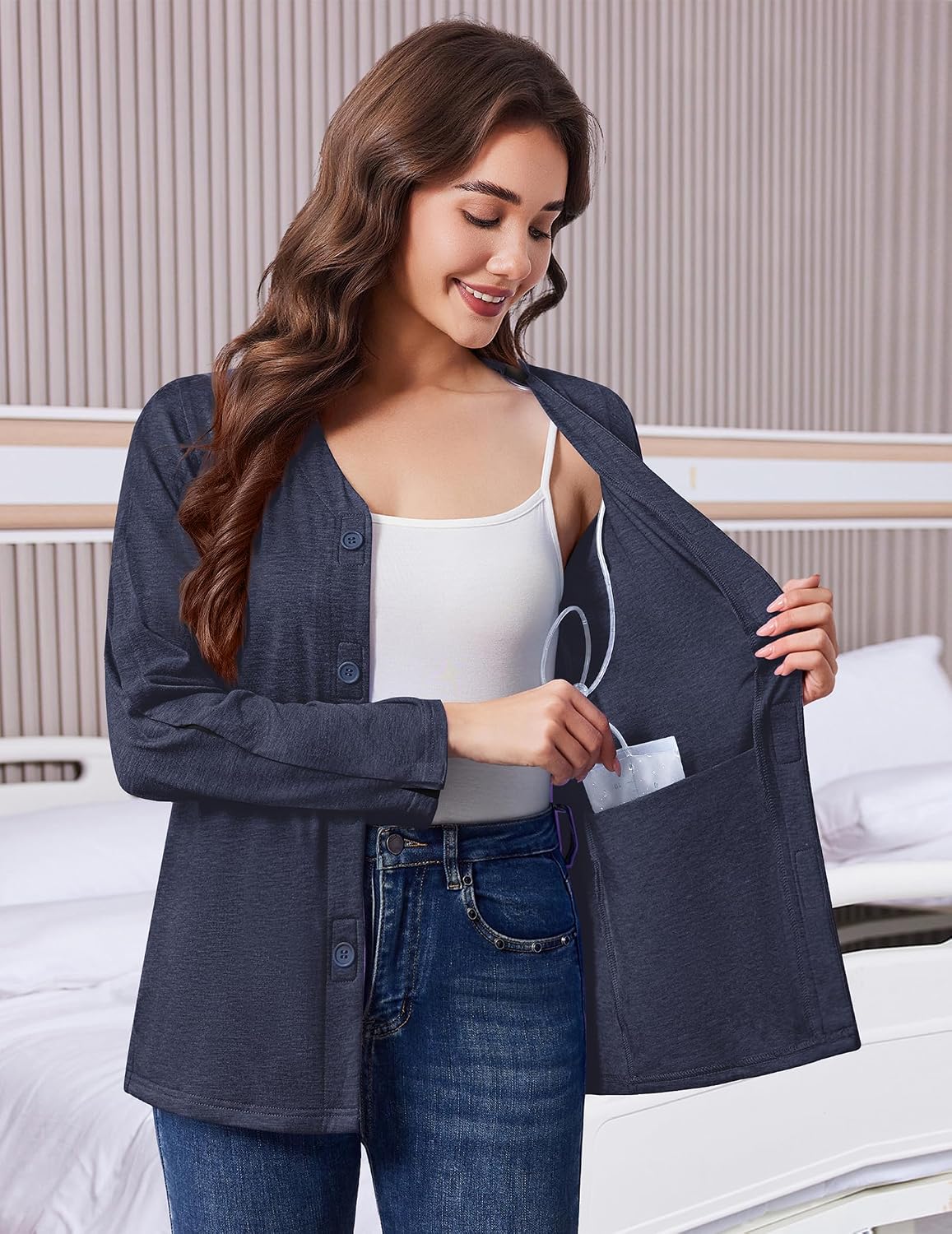 Deyeek Women's Mastectomy Shirts with Drain Pockets Shoulder Surgery Tops