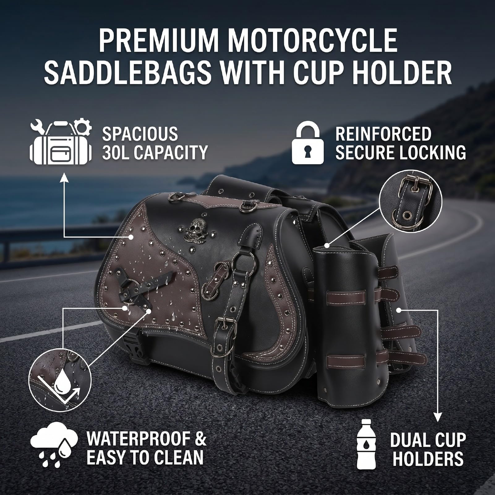 Yctze Uniwersalne Sakwy Motocyklowe 30L PU Skórzane Torby Boczne z klamrą w Kształcie ćwieków do Większości Motocykli Iron Shadow Vulcan