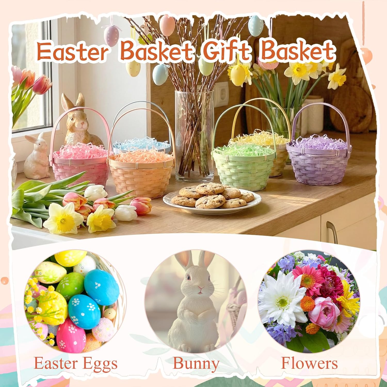 Yerliker 6 Pcs Easter Woven Baskets and 6 Pack Grass Raffia Filler Round Bamboo Woven Basket with Folding Handle Goodie Gift Buckets for Easter Egg Hunt Candy Fruit Treats Party Favors (Macaron Color)