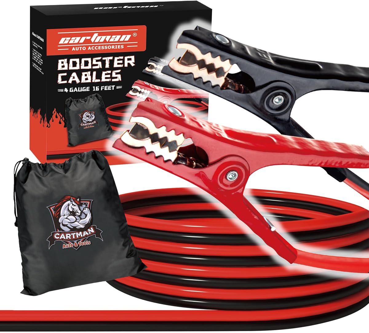 4 Gauge 16 ft Heavy Duty Jumper Cables with Carry Bag | Rubber-Insulated Anti-Rust Clamps, High-Density CCA Core, Cold-Resistant TPR Jacket