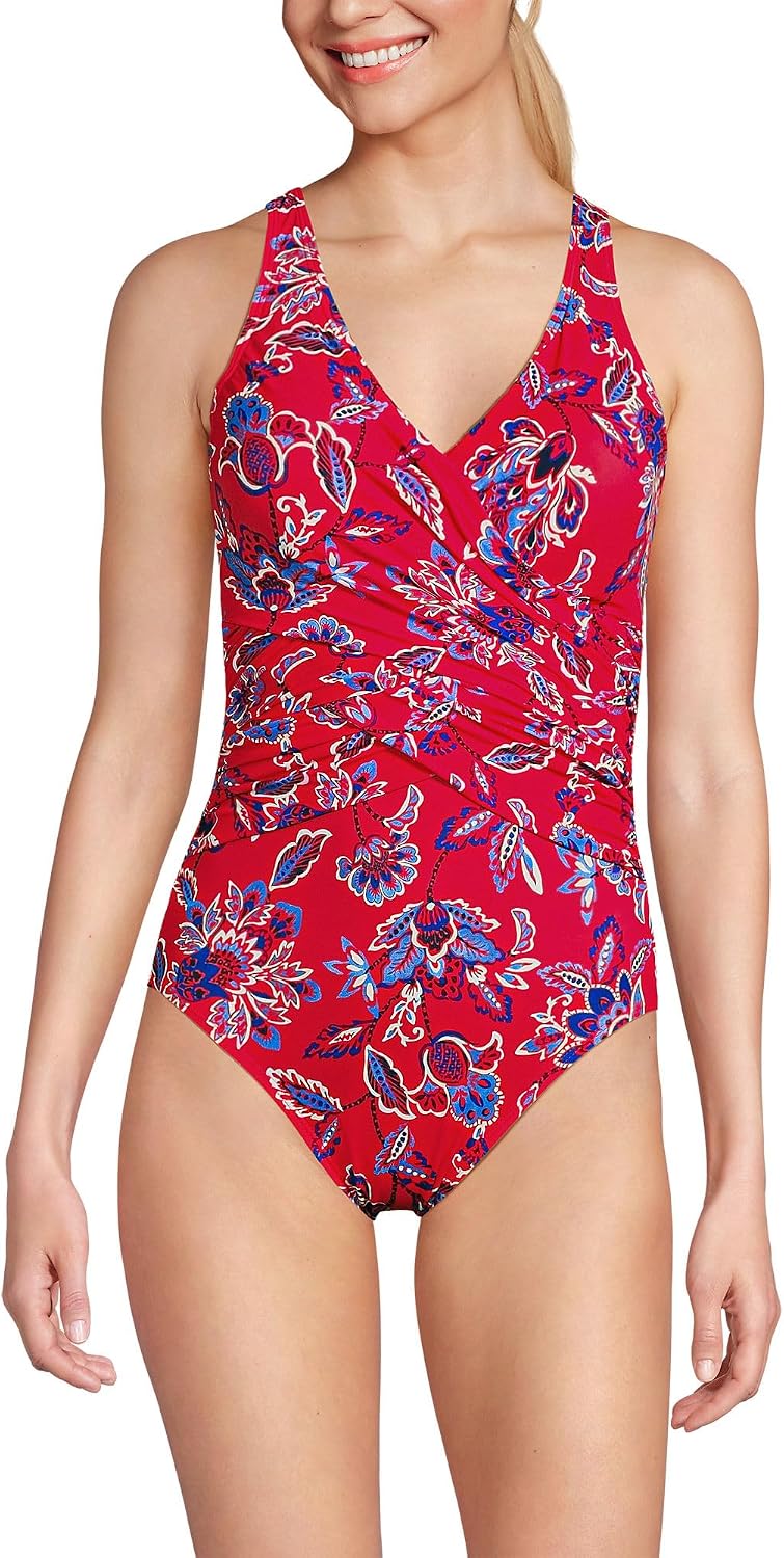 Lands' End Women's New SlenderSuit Wrap One Piece Swimsuit