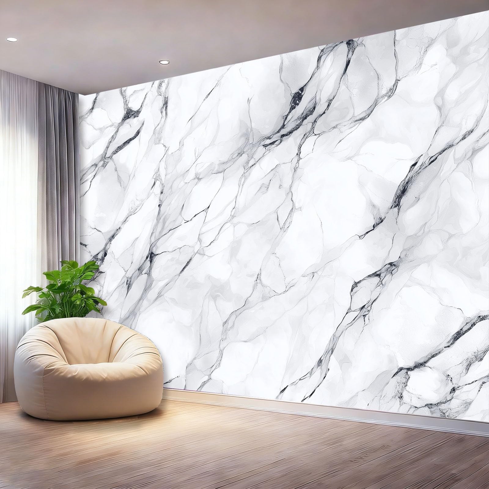 Tapeta 300 x 210 cm, nowoczesny minimalistyczny marmur, dekoracja z włókniny do pokoju dziecięcego i ściany TV, biała