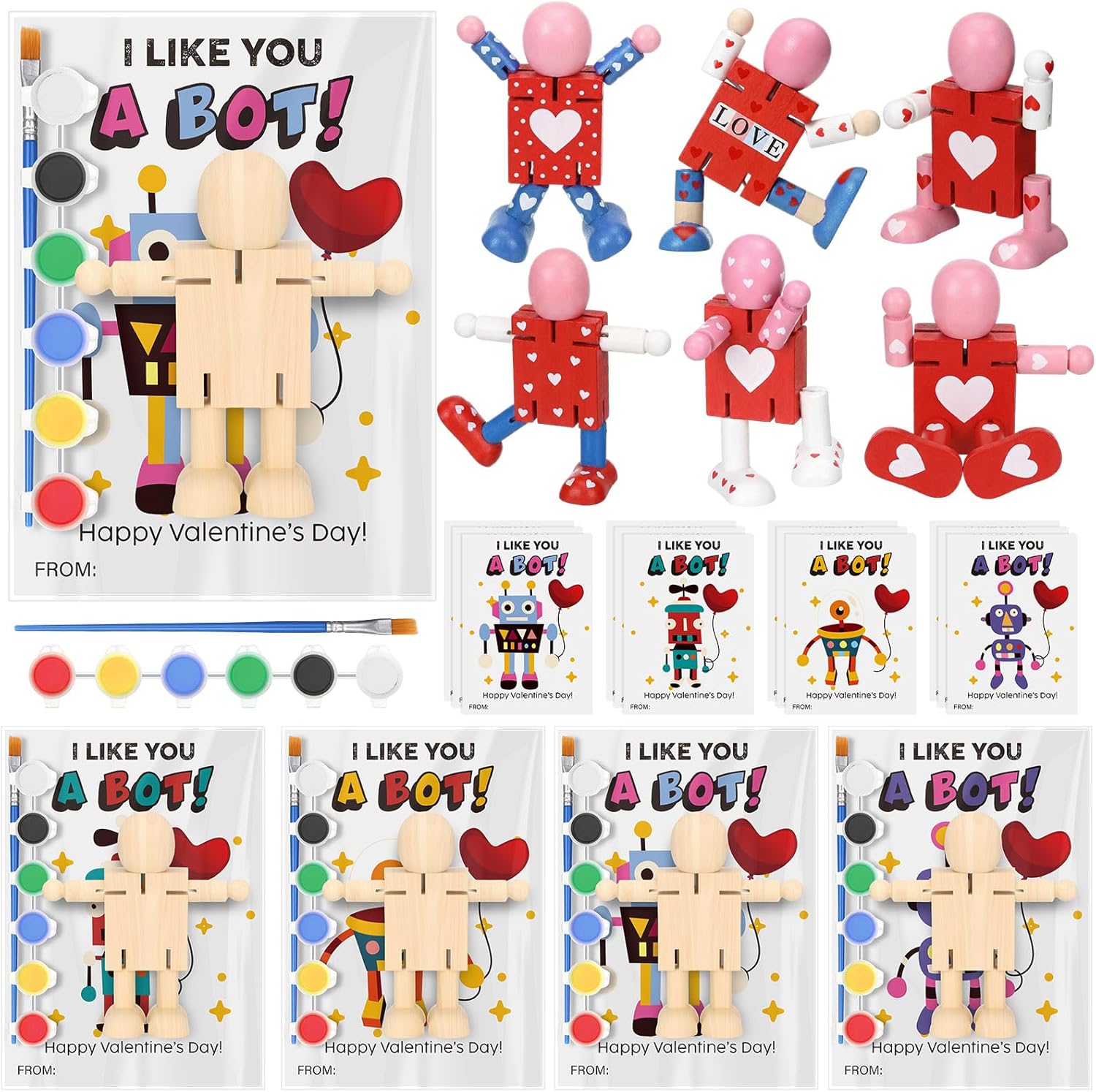 Novabright 12 Set Robot Valentine Craft Gift Coloring Wooden Robot Figure DIY Unfinished Wood Stress Relief with Acrylic Paints Card Bags for Valentine's Exchange Gift Party Favors