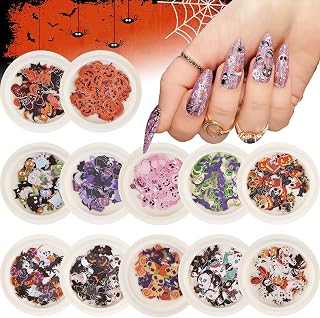 Kalolary 12 Boxes Halloween Nail Art Sticker Decals, 3D Witch Pumpkin Bat Nail Sequins Colorful Halloween Nail Flakes for Acrylic Nails DIY Crafts