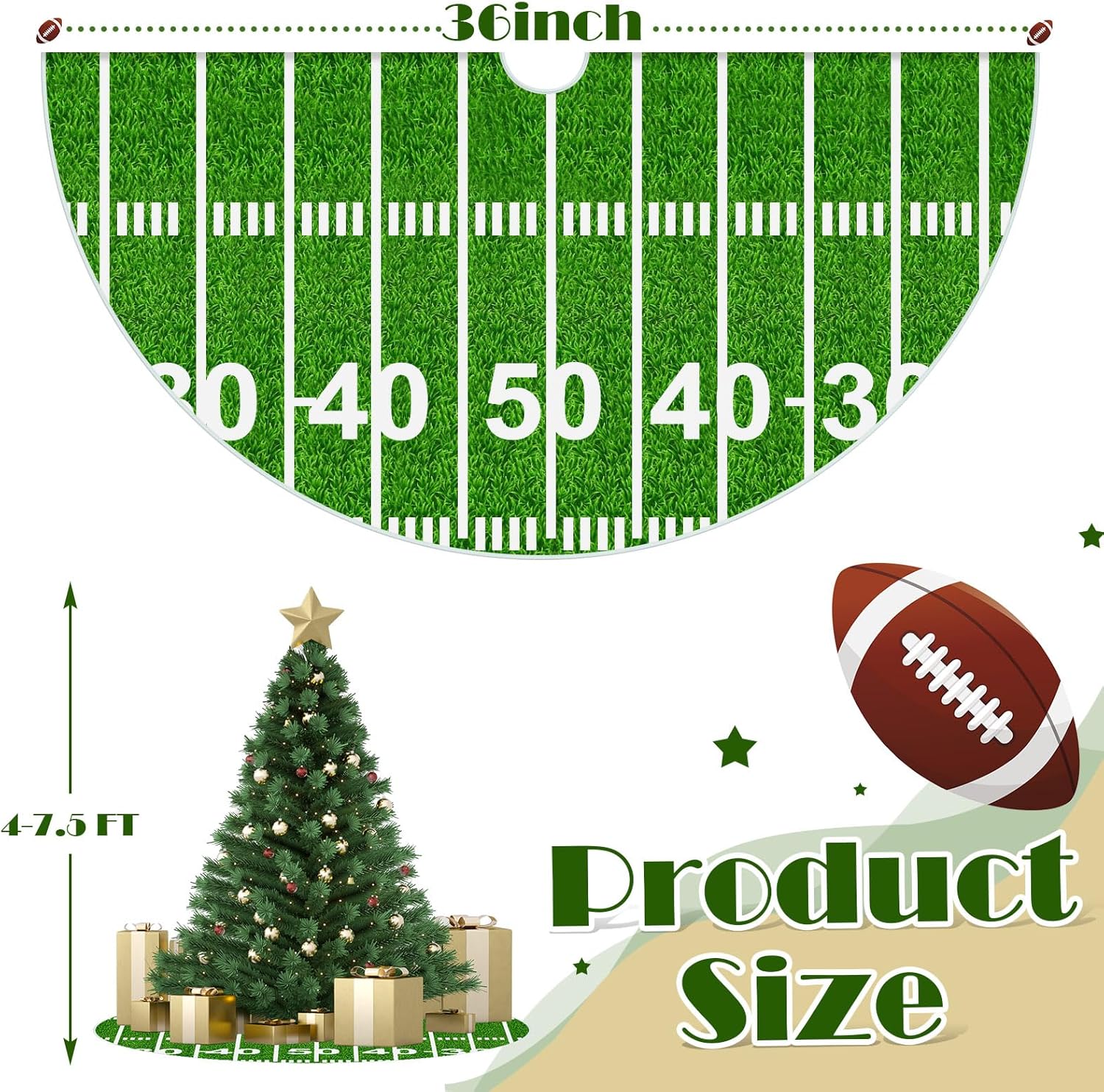 Realspring Large Football Christmas Tree Skirt 36 Inch Sport Funny Retro Field Grass Xmas Tree Carpet for Xmas Halloween Party Decorations Occasion Ornament