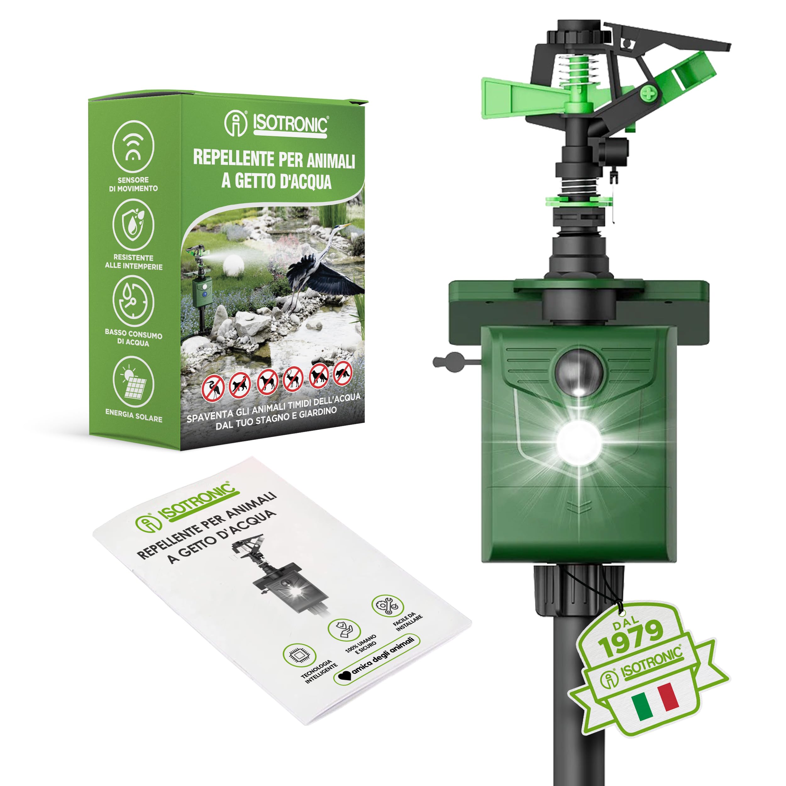 ISOTRONIC® Jet d'acqua Plus Light Dissuasore per animali a energia solare, a energia solare, repellente per cani e gatti, spaventatore per uccelli e aironi per giardino, rilevatore di movimento
