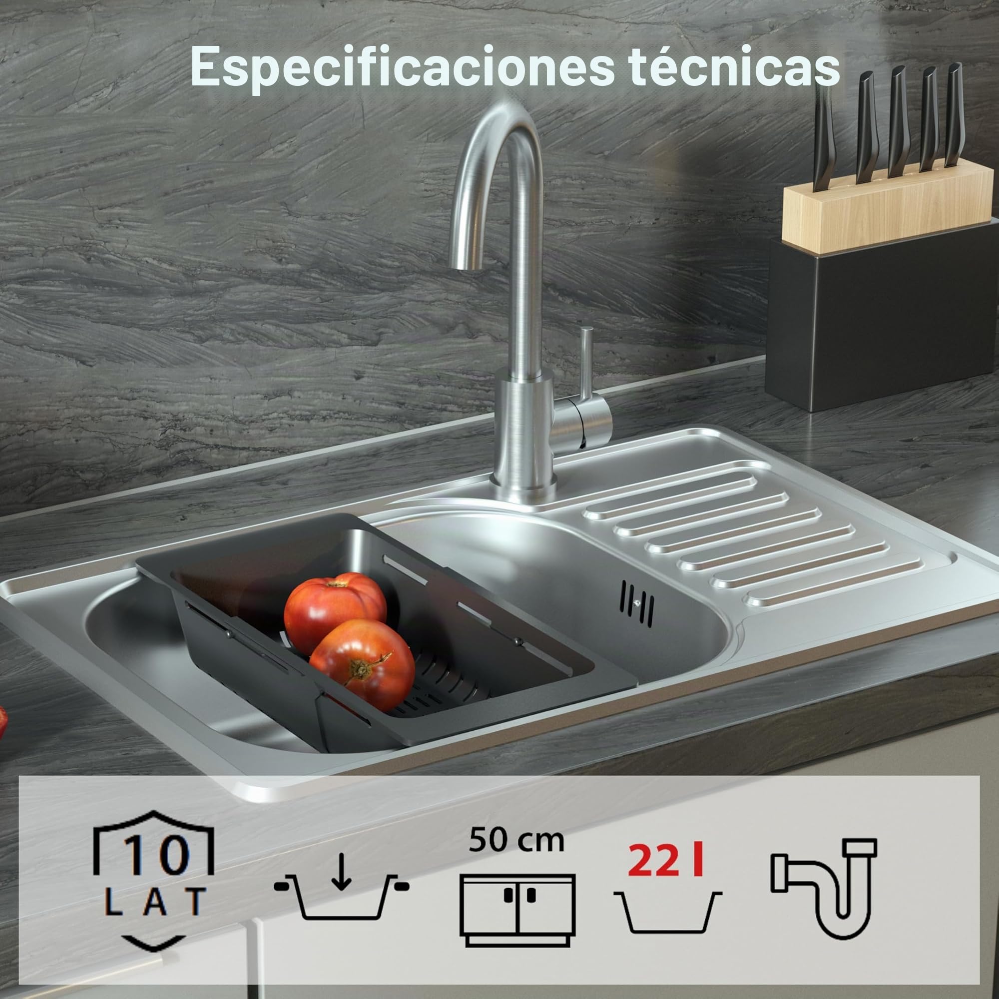 QUADRON Fregadero moderno de acero inoxidable | Tamaño 50 cm Color: Satin | Fregadero de cocina | Desagüe incluido | Encaja en mueble de al menos 50 cm