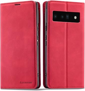 QLTYPRI Case for Google Pixel 6, Premium PU Leather Cover TPU Bumper with Card Holder Kickstand Hidden Magnetic Adsorption Shockproof Flip Wallet Case for Google Pixel 6 - Red