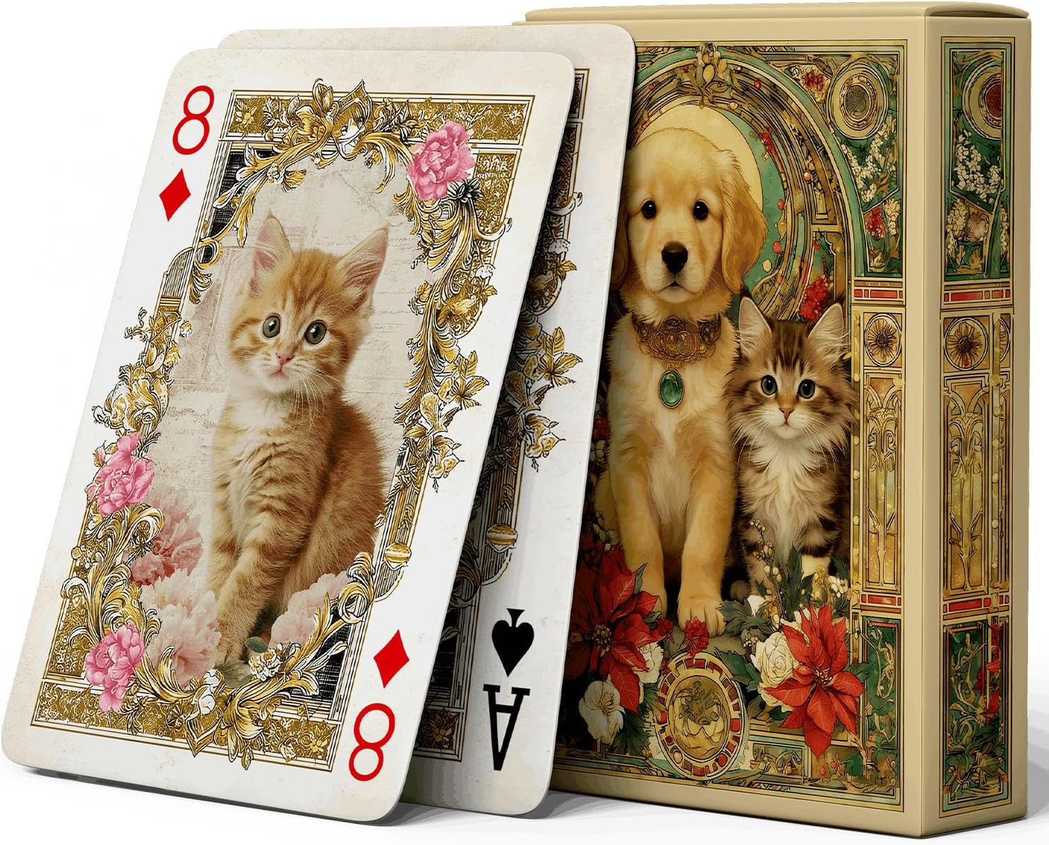 Kitten and Puppy Theme Playing Cards, International Standard Size, 54 Exquisite Non-Repeating Illustrations, Blue Core Paper Material, Double-Sided Anti-Slip Design.