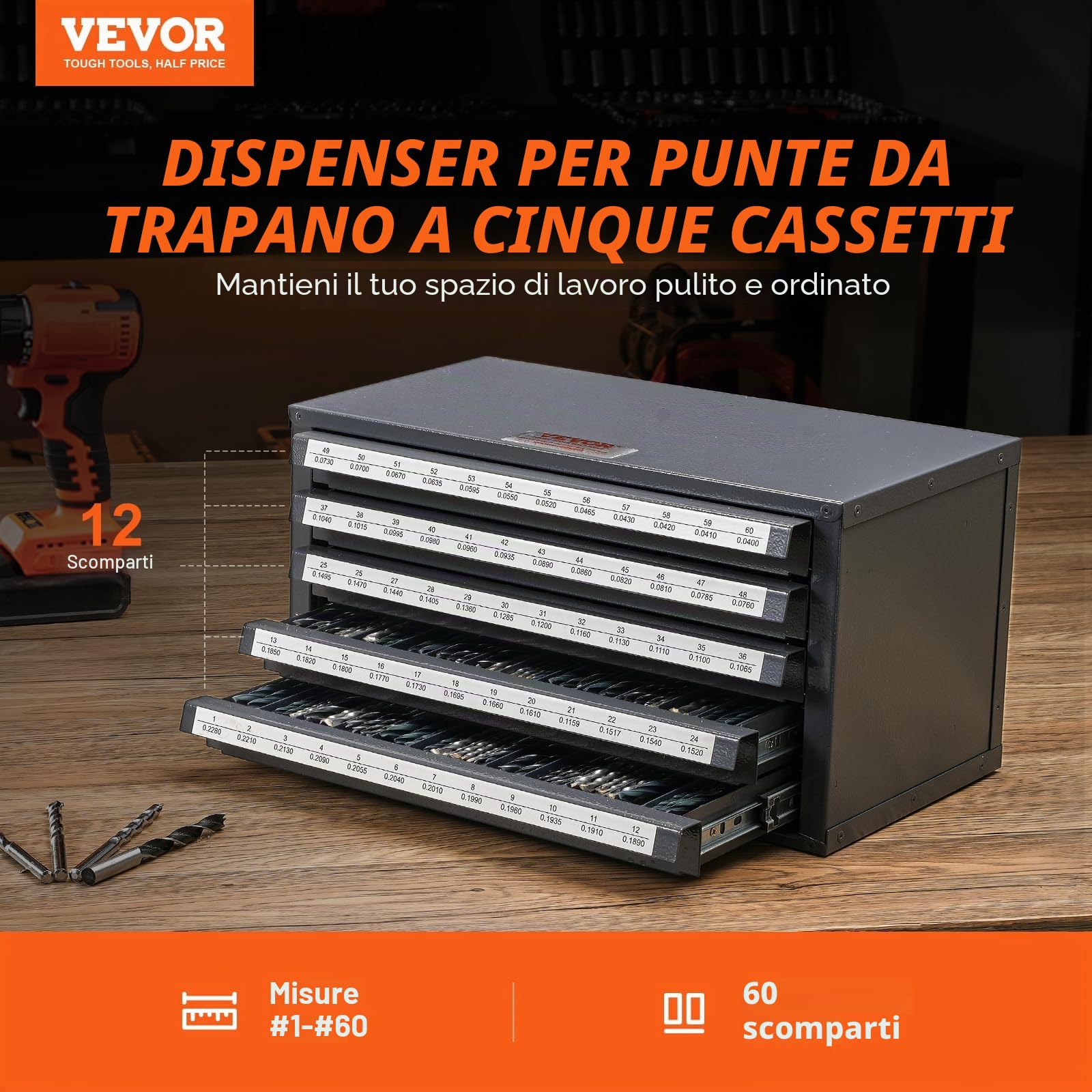 VEVOR Distributore di punte a cinque cassetti per punte in acciaio #1 a #60, armadio di stoccaggio con etichette, distributore di punte impilabili per la conservazione di punte