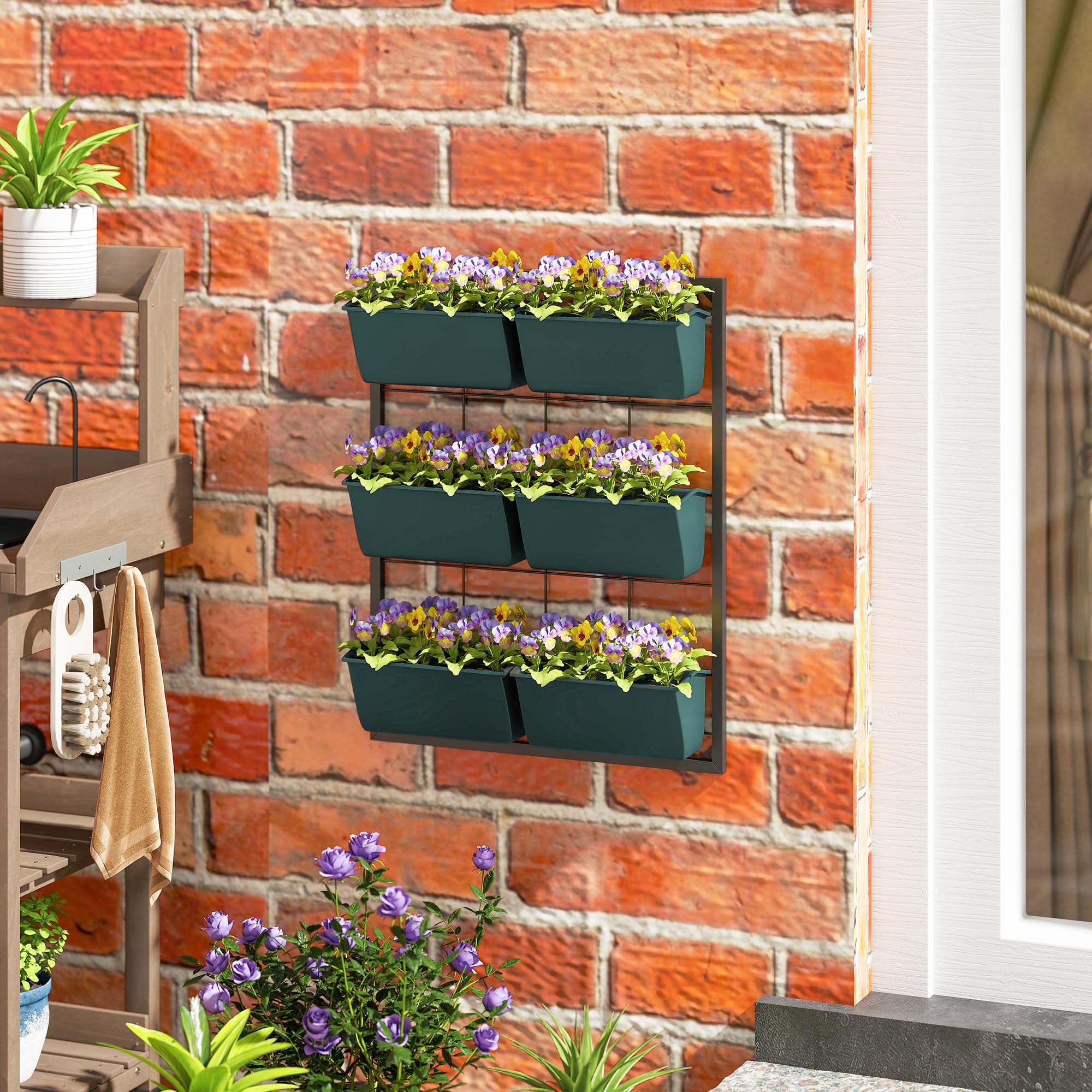Outsunny Jardinera de Pared de 3 Niveles con 6 Macetas, Huerto Vertical de Acero y Plástico para Flores y Hierbas, Verde Oscuro