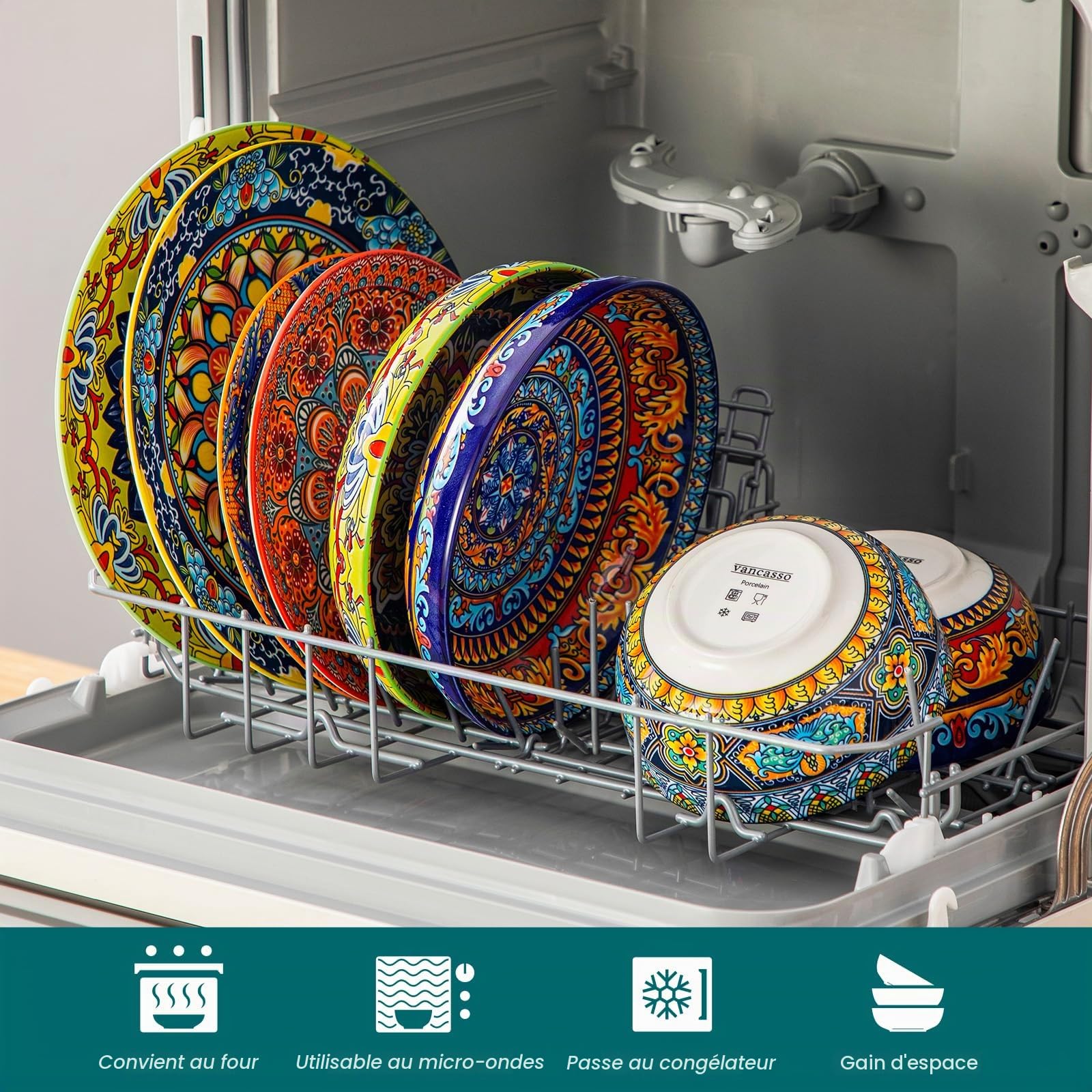 Service de Vaisselle 6 Personnes en Céramique, vancasso KRVI 24 Pièces Porcelaine Moderne, Service de Table Style Bohémien, Ensemble Assiettes et Bols, Service Combiné Coloré