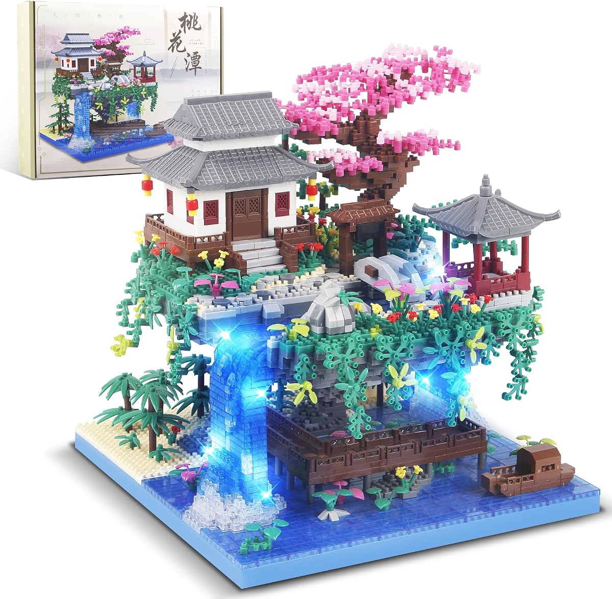 3320PCS Conjunto de bloques de construcción de árbol bonsái de estanque de flor de durazno con iluminación LED | Mini bloques de construcción chinos Sakura Architecture Micro, no compatibles con el tamaño de Lego, opciones exquisitas para niños o adultos mayores de 14 años