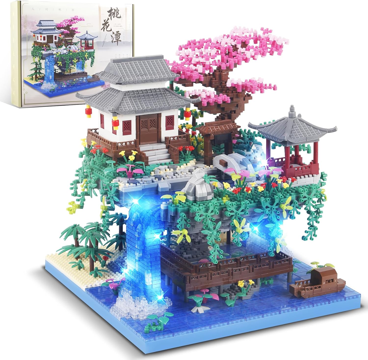 3320PCS Peach Blossom Pond Bonsai Tree Building Block Kit,Chinese Sakura Architecture Micro Mini Building Blocks(Not Compatible with Lego Size),Exquisite Choices for 14+ Kids Or Adults