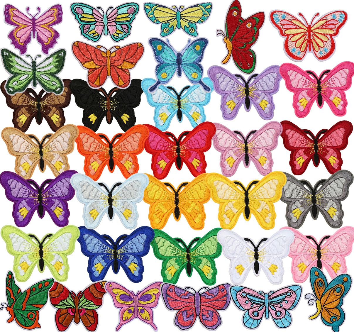 34 PCS Random Assorted Butterfly Iron on Patches Multicolor Embroidered Butterfly Applique Sew on Patches for Coat Hat Pants Clothes Uniforms DIY Decoration Backpacks Jeans Bags Jackets