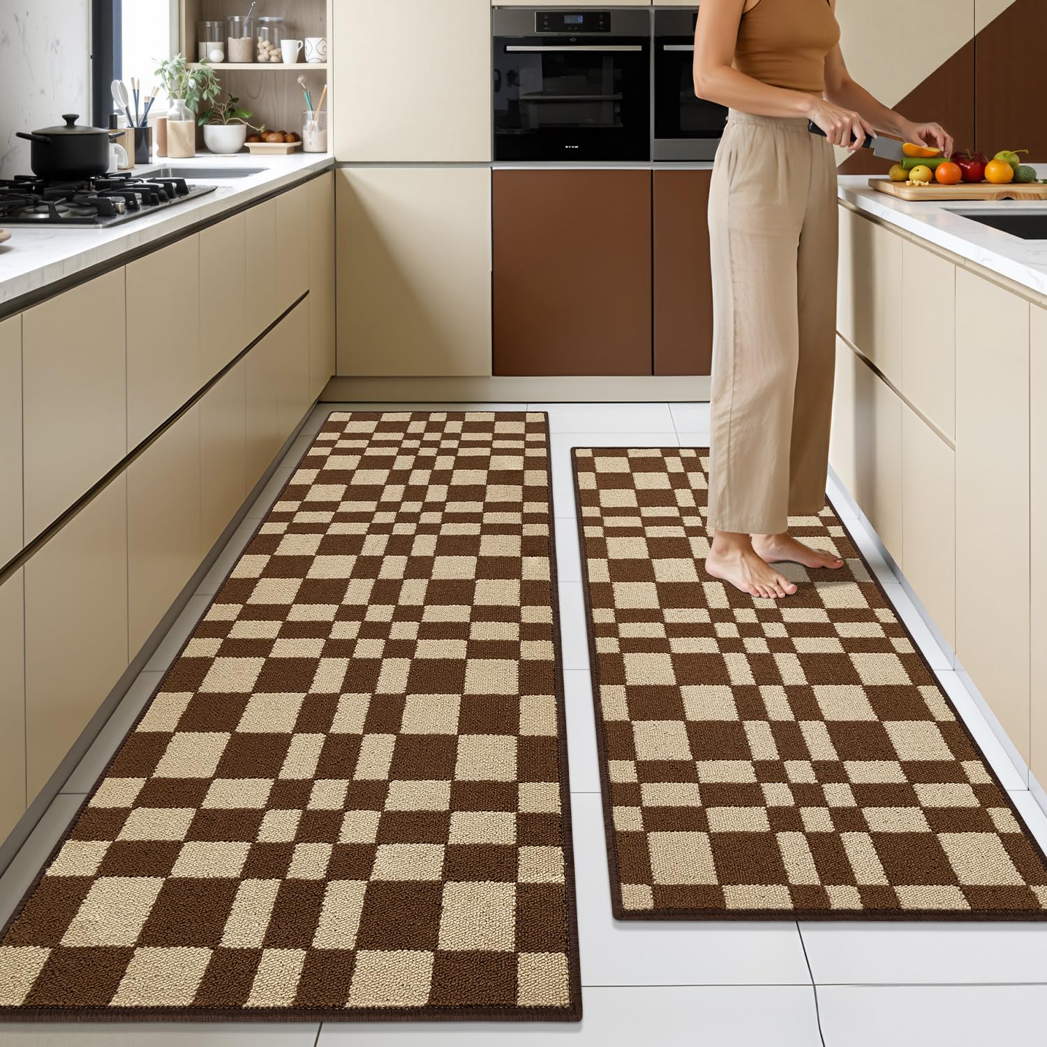 Biscpro checkered Kitchen Rugs,Non Slip Washable Brown Kitchen Mats 2pc set