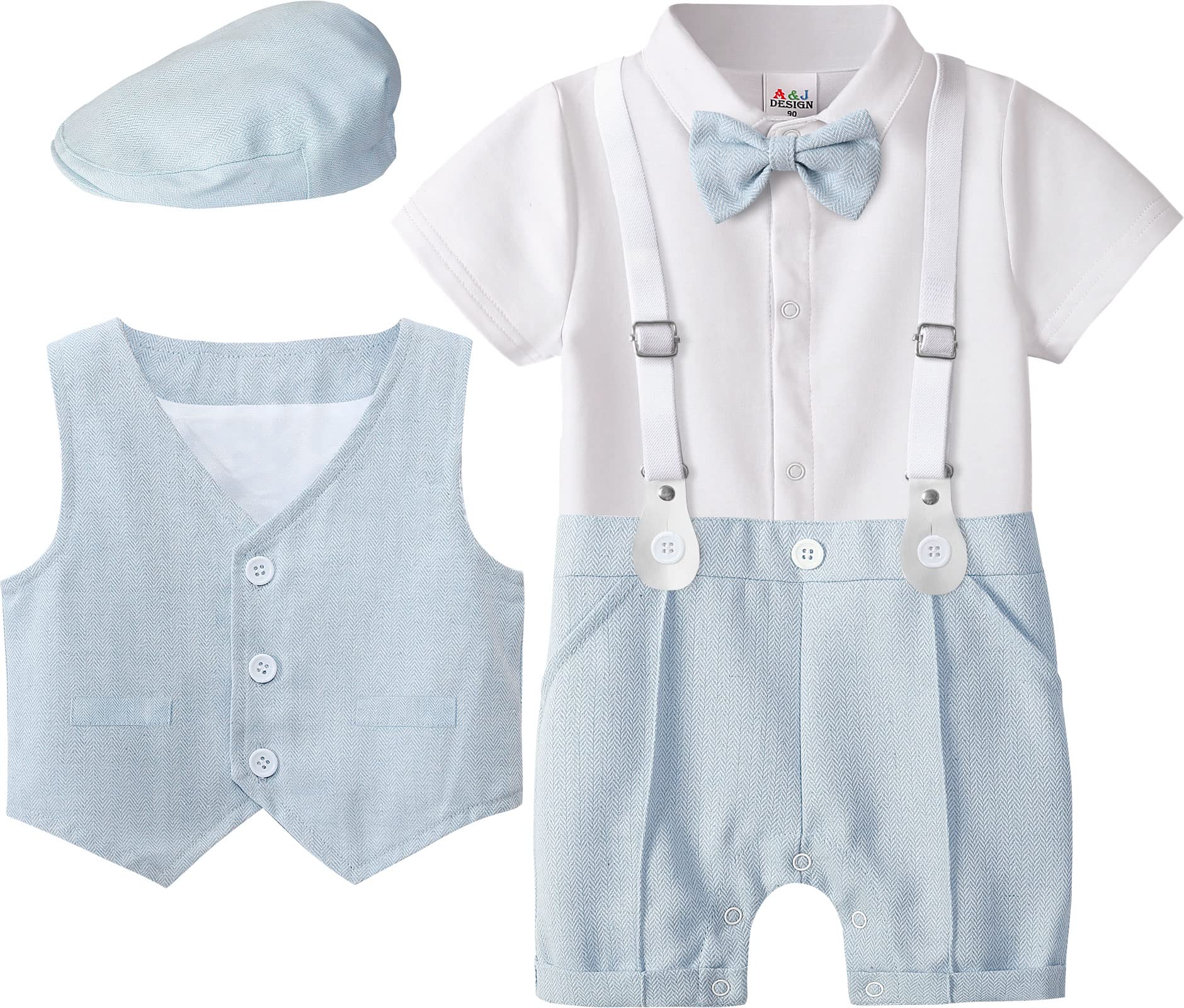 A&J DESIGN Baby Suits for Boys Wedding Gentleman Suspenders Outfits Summer Formal Easter Rompers with Hat Light Blue 6-9 Months