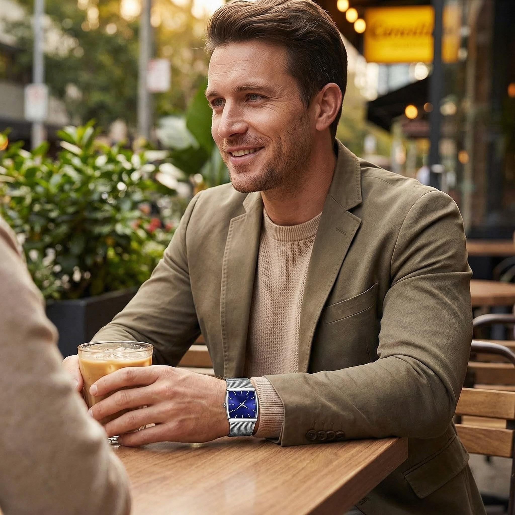 Einfache rechteckige Analoguhr für Herren, ultradünnes Edelstahl-Mesh-Armband, minimalistischer Stil, Armbanduhr, Geschenkbox