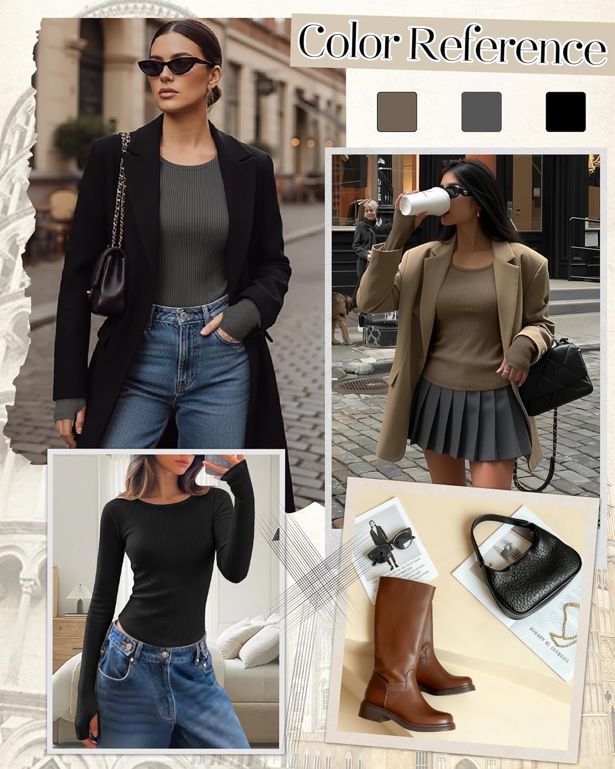 3 Pack Women's Ribbed Long Sleeve Tops Crew Neck Slim Fit Cotton Shirt Basic Casual Tee with Thumb Hole - Image 5