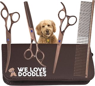 Professional Dog Grooming Scissors Kit for Goldendoodles, Poodles & Doodles - Straight, Curved, Thinning Shears + Comb, 4-Pc Stainless Steel Set | We Love Doodles