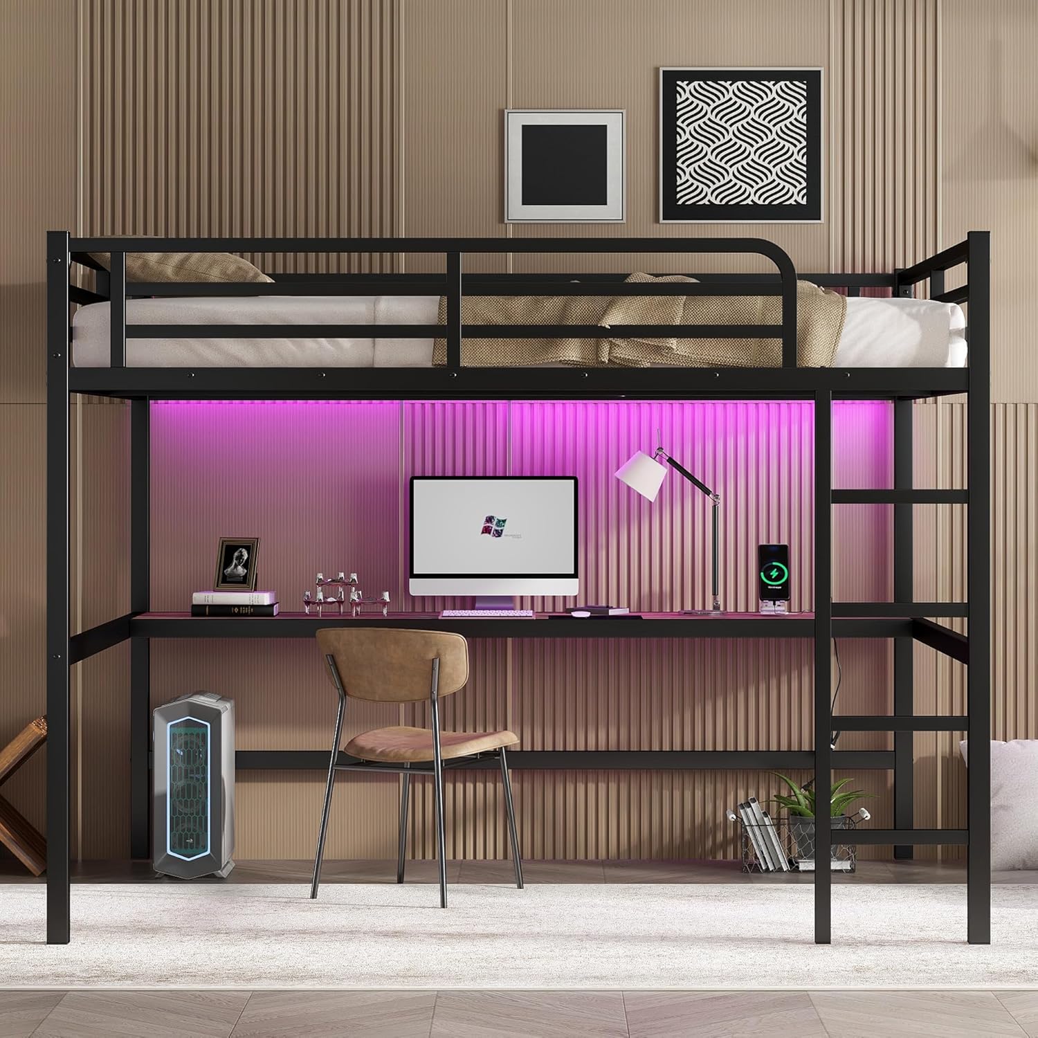 Bellemave Metal Queen Size Loft Bed with Desk and Charging Station,Queen Heavy Duty Loft Bed Frame with LED Lights and USB for Kids,Teens,Adults,Black