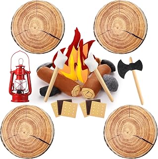 26 Pcs Pretend Camping Play Set Fake Campfire Felt Toys Wood Design Throw Pillow Cushion Red LED Hurricane Lantern for Adults Kids Learning Preschool Boys Girls Gifts