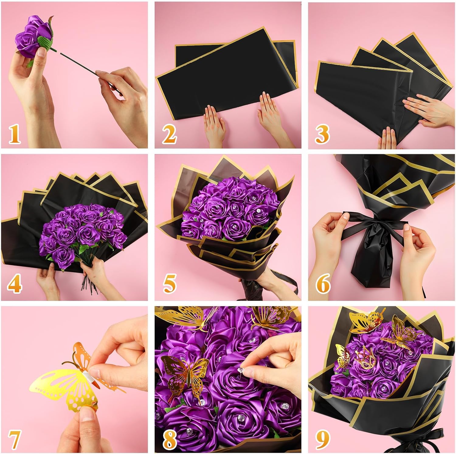 Riceshoot 25 Sets Ribbon Rose Bouquet DIY Fake Roses with Stems Faux Flowers Bouquet Kit Wrapping Paper Crown 3D Butterflies for Graduation Anniversary Birthday Wedding Gift(Purple) - Image 3