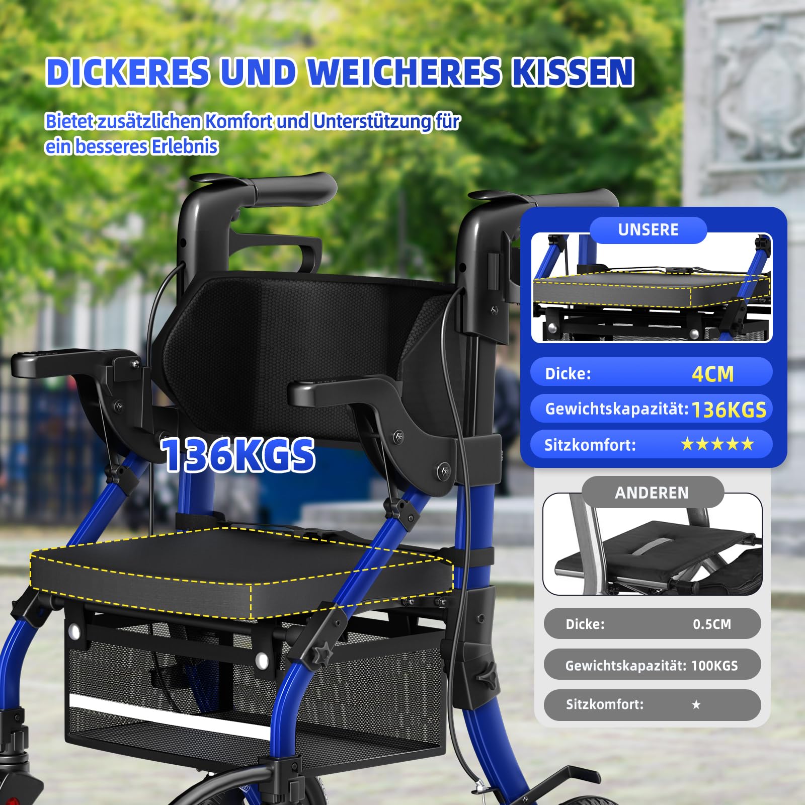 BeneCane 2 en 1 Rollator Plegable y Silla de Ruedas para Personas Mayores, Andador Ajustable en Altura con Asiento y Ruedas Antideslizantes - Ayuda para la Movilidad de Adultos