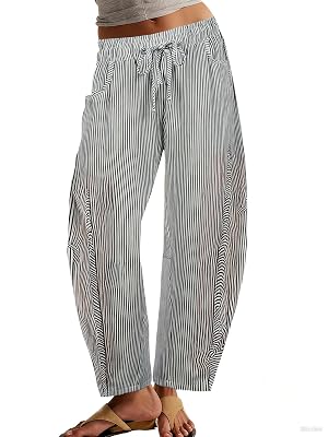 Womens Barrel Pants Mid Rise Striped Wide Leg Baggy Jeans with Drawstring Pockets for Daily Wear Casual Pants