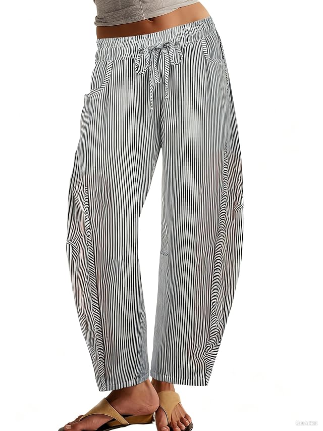 Womens Barrel Pants Mid Rise Striped Wide Leg Baggy Jeans with Drawstring Pockets for Daily Wear Casual Pants