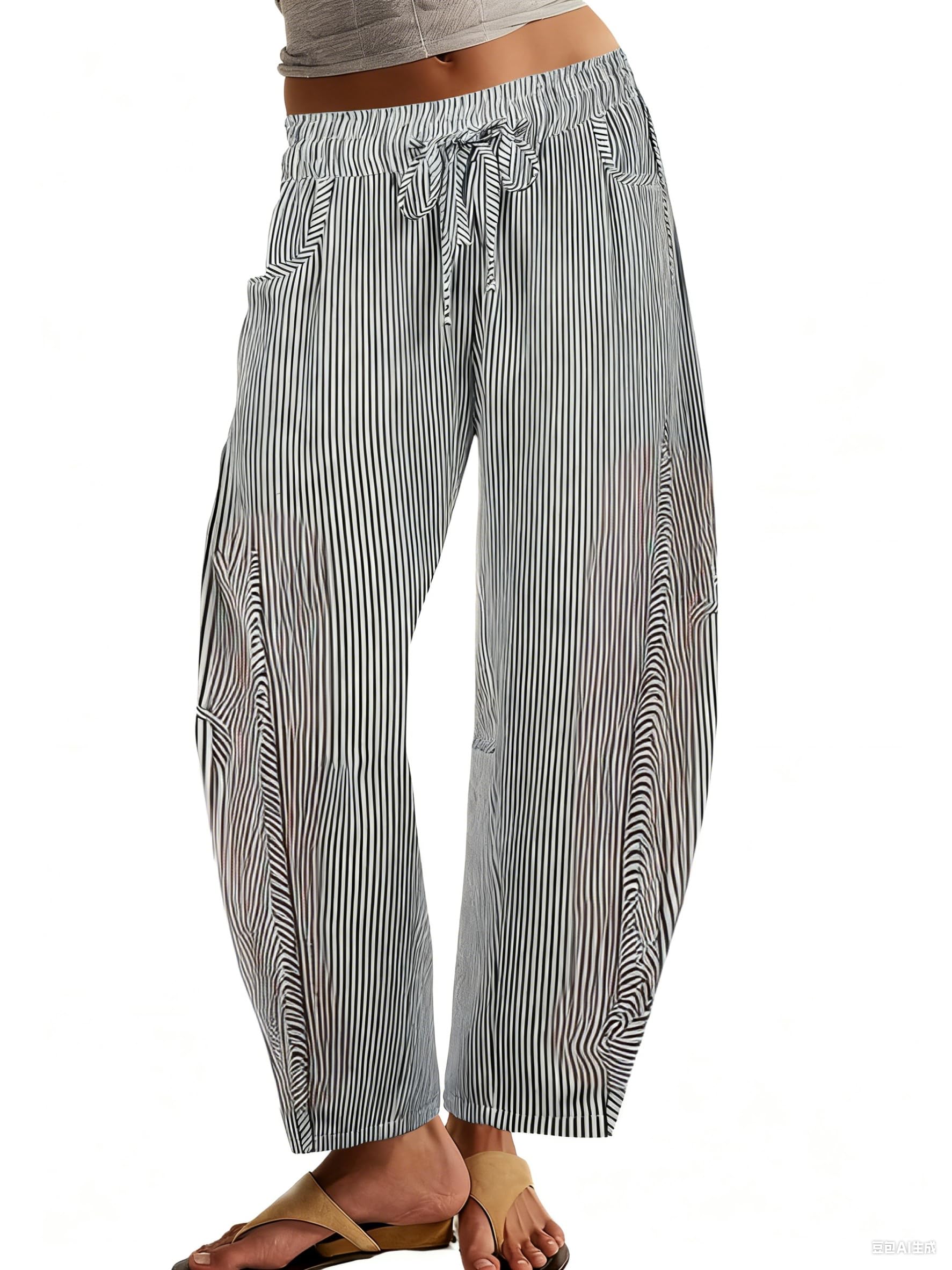Womens Barrel Pants Mid Rise Striped Wide Leg Baggy Jeans with Drawstring Pockets for Daily Wear Casual Pants