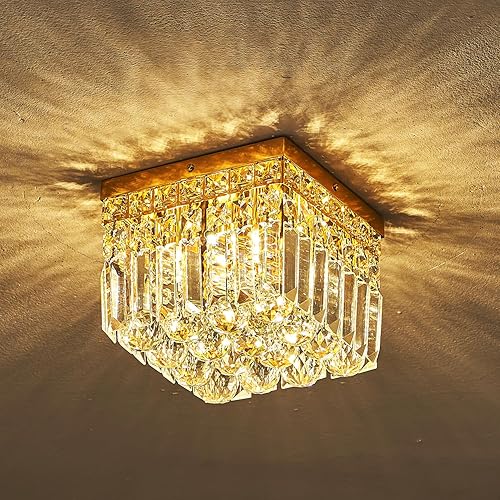 Miniatura 9 de Mini moderna lámpara redonda de cristal dorado de 7.8 pulgadas, lámpara de techo de 4 luces G9 para armario, vestíbulo, pasillo, dormitorio, sala de