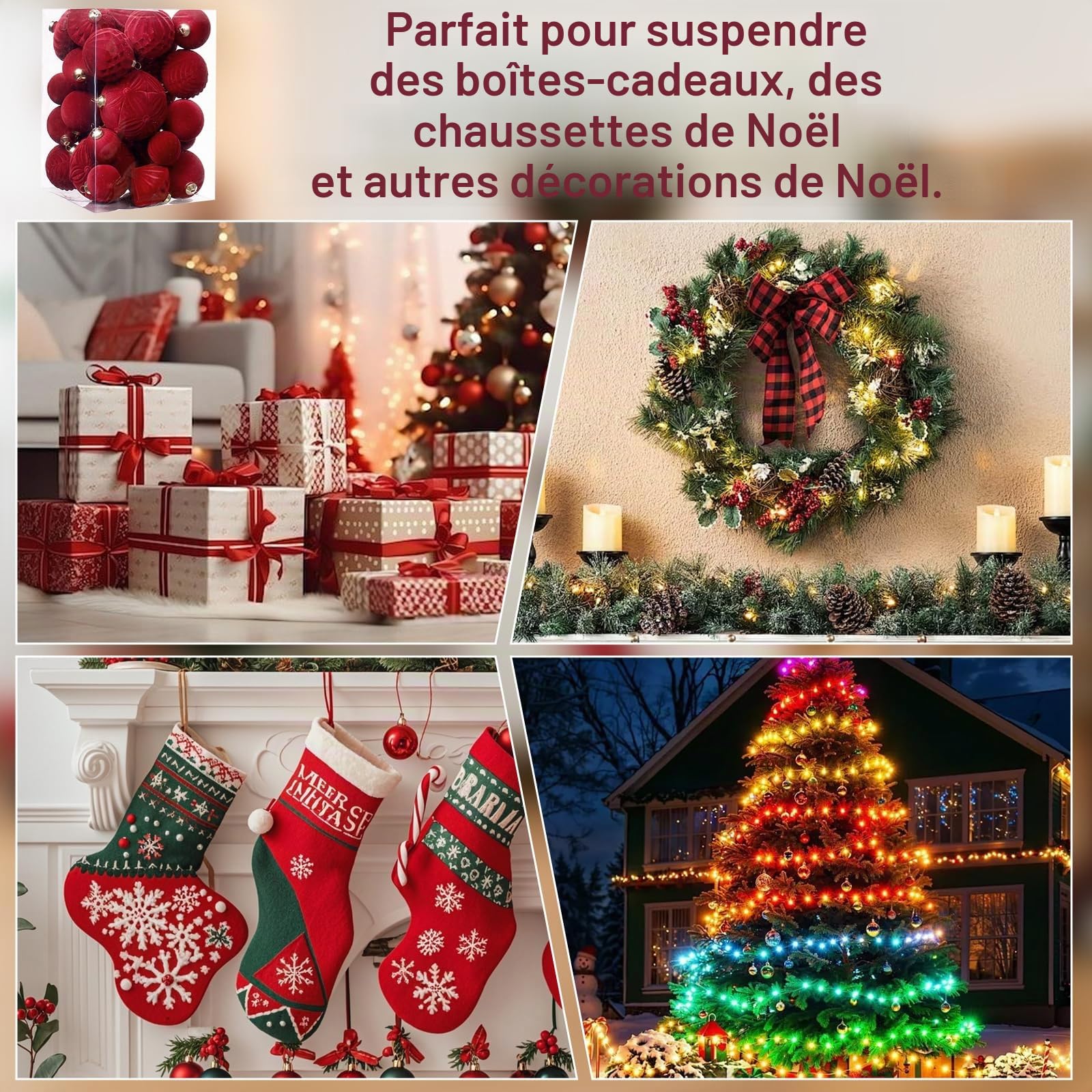 Lot de 35 boules de Noël en velours incassable floqué - Boules décoratives à suspendre pour sapin de Noël, fête, vacances, décoration