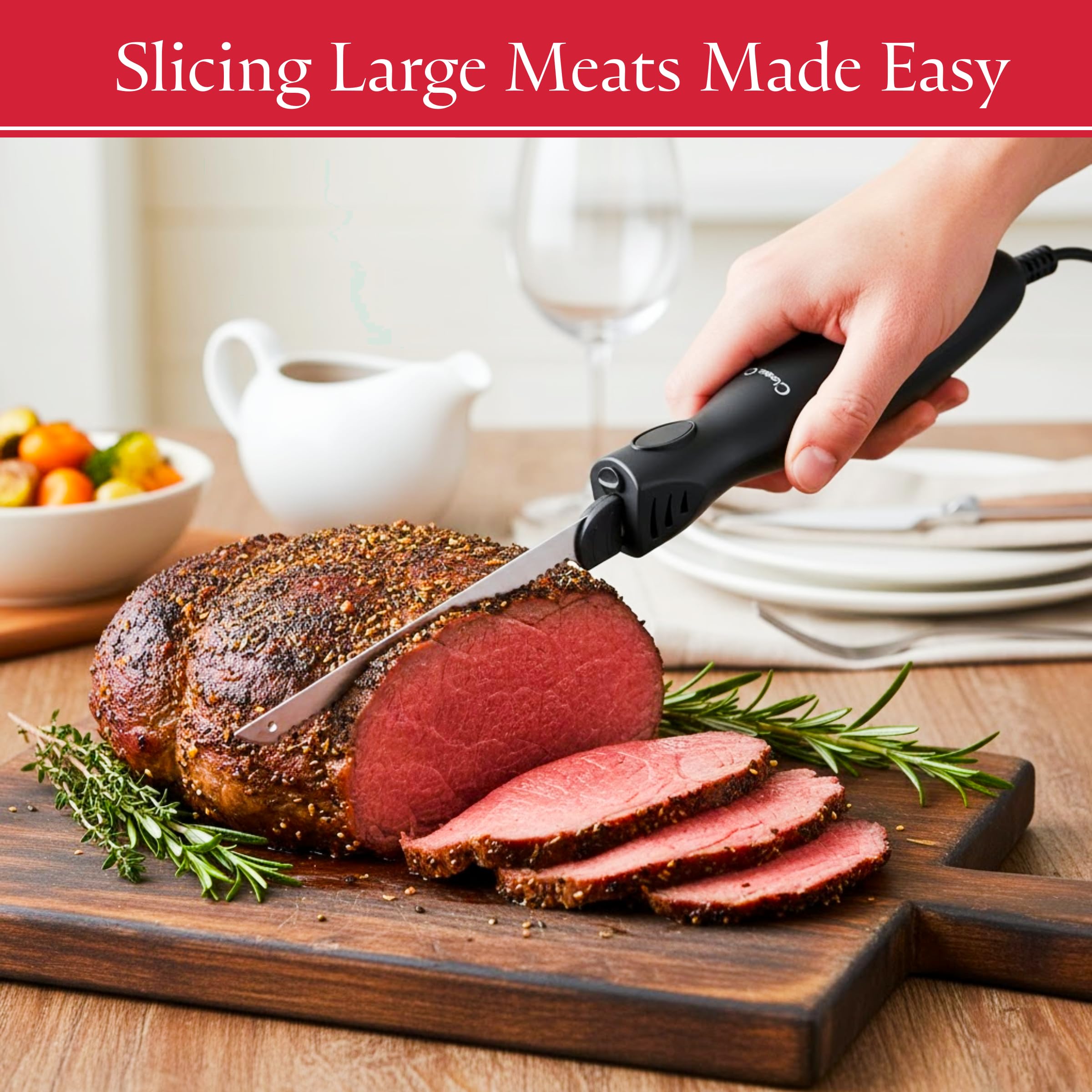 Electric Carving Knife - 8-Inch Serrated Stainless-Steel Blade Cutter with Comfort Grip Handle for Slicing Turkey and Meat by Classic Cuisine (Black) — Amazon image 6