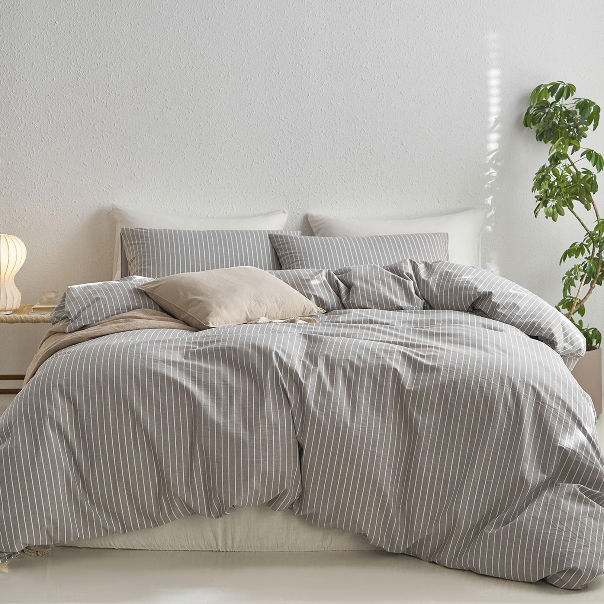 MooMee Striped Duvet Cover Set 100% Washed Cotton Linen Like
